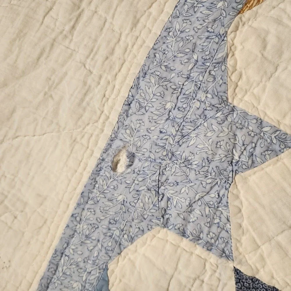 70s‎ heirloom Star patch Quilt 86x81 Handmade Cottagecore Farmhouse Blue Cream